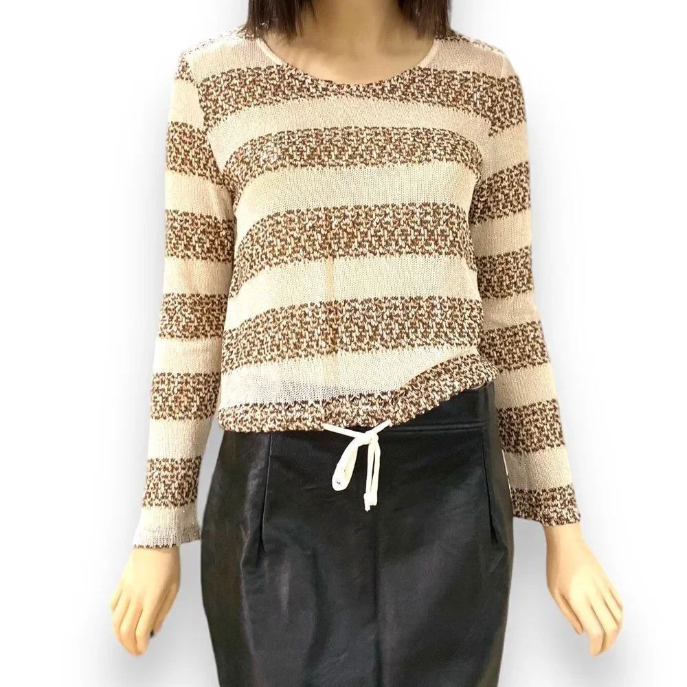 Metallic Ivory Tan Stripe Long Sleeve Lightweight Knit Top NEW